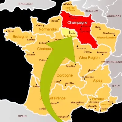 The Champagne Region is located north of Paris